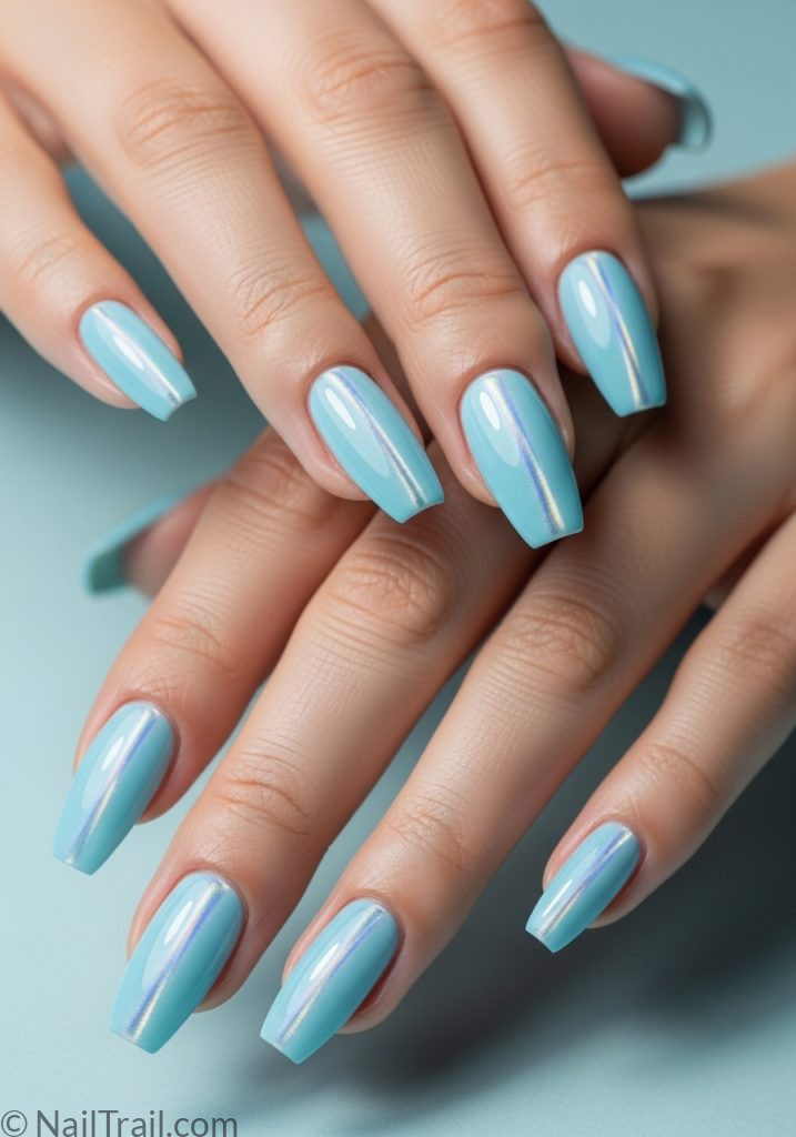 Light skin hands with baby blue coffin nails silver cat eye shimmer baby blue cat eye nails
