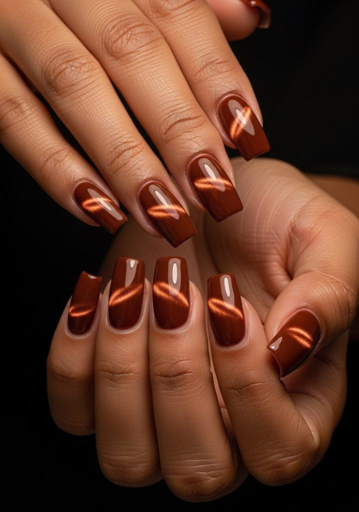 Medium brown hands with chocolate brown square nails copper cat eye shimmer brown cat eye nails