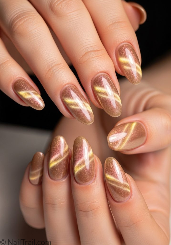 Medium fair hands with champagne almond nails gold cat eye shimmer champagne cat eye nails