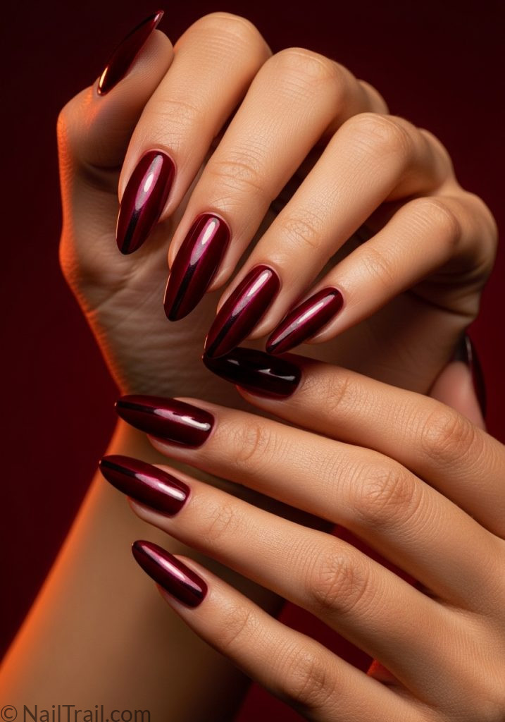 Medium tan hands with cherry red almond nails cat eye shimmer cherry red cat eye nails