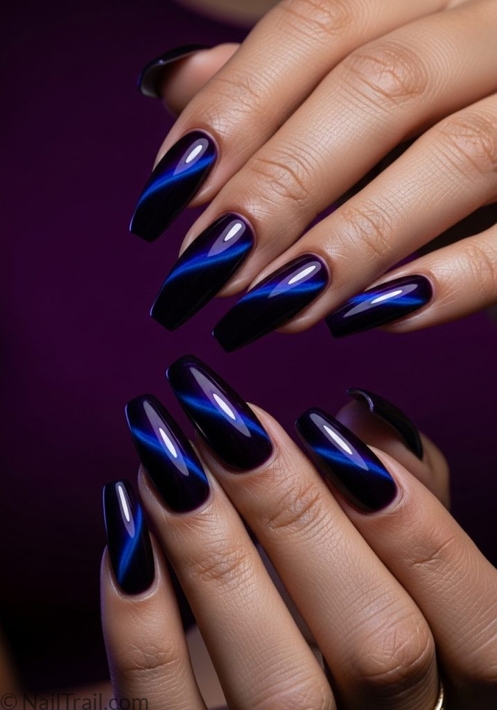 Medium tan hands with dark purple coffin nails violet blue cat eye shimmer dark purple cat eye nails