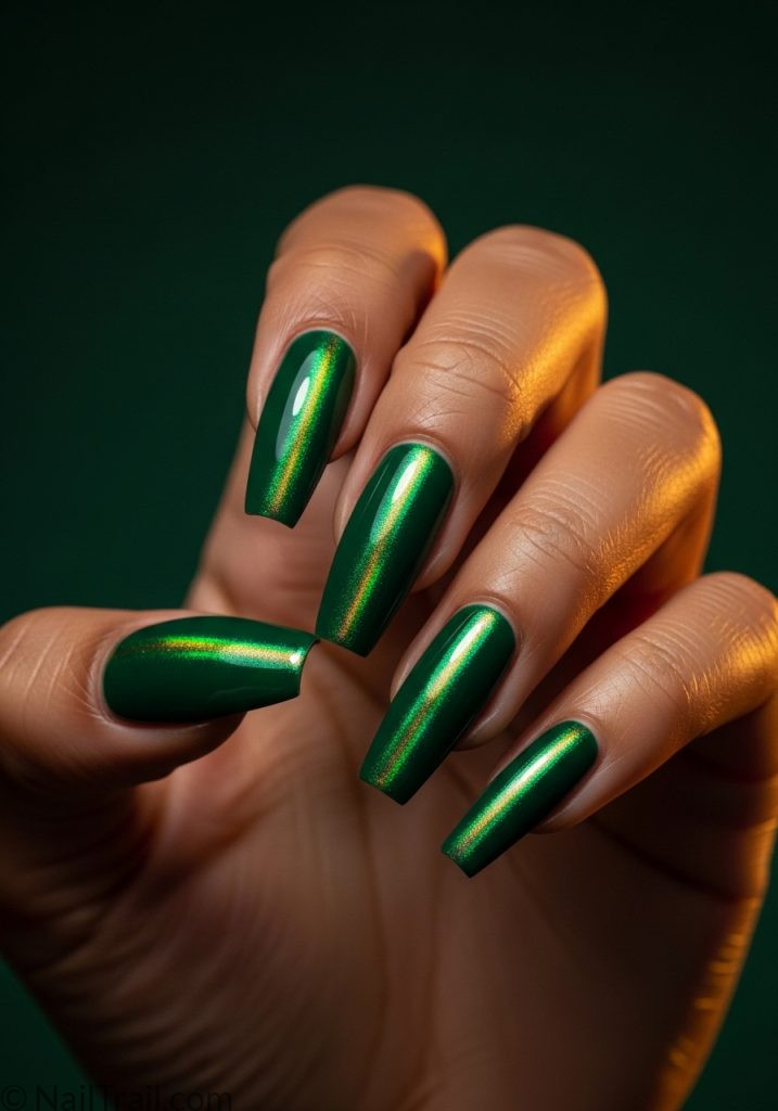 Medium brown hands with emerald green coffin nails gold shimmer cat eye emerald green cat eye nails