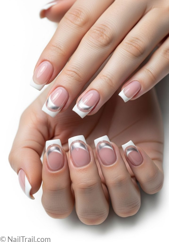  Medium fair hands with French tip square nails milky cat eye shimmer french cat eye nails