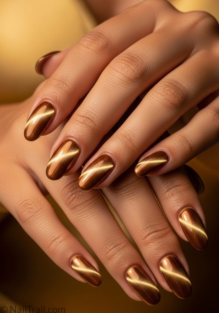 Light brown hands with deep gold almond nails champagne cat eye shimmer gold cat eye nails