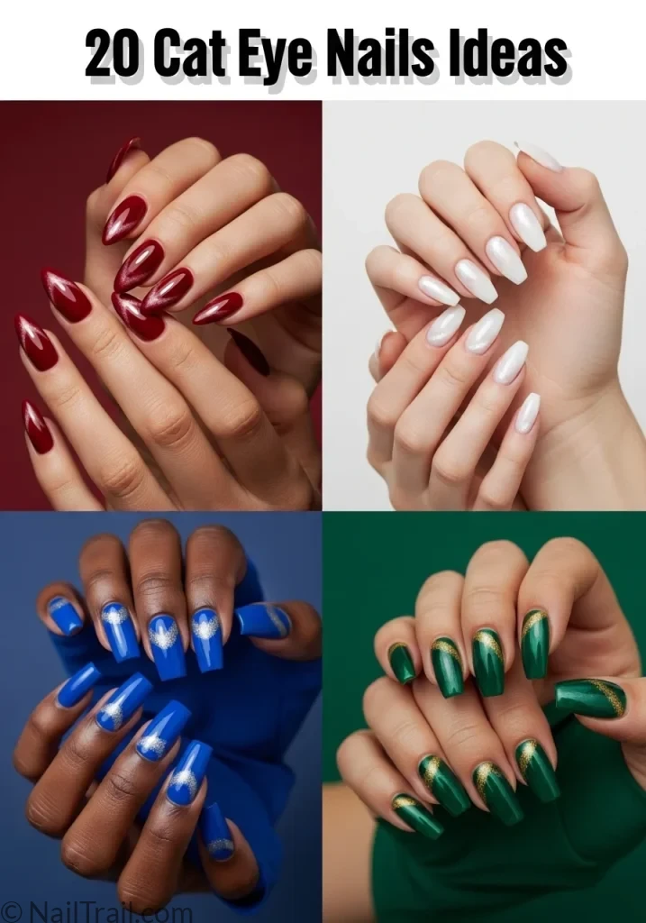 Collage of four cat eye nail designs including cherry red almond, milky white almond, royal blue square, and emerald green coffin nails