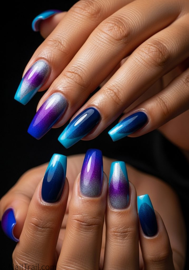 Medium brown hands with purple navy ombre coffin nails cat eye shimmer ombre cat eye nails
