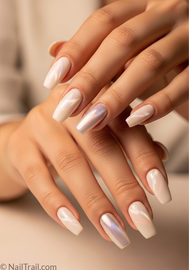 Light skin hands with ivory coffin nails pearl shimmer cat eye pearl cat eye nails design