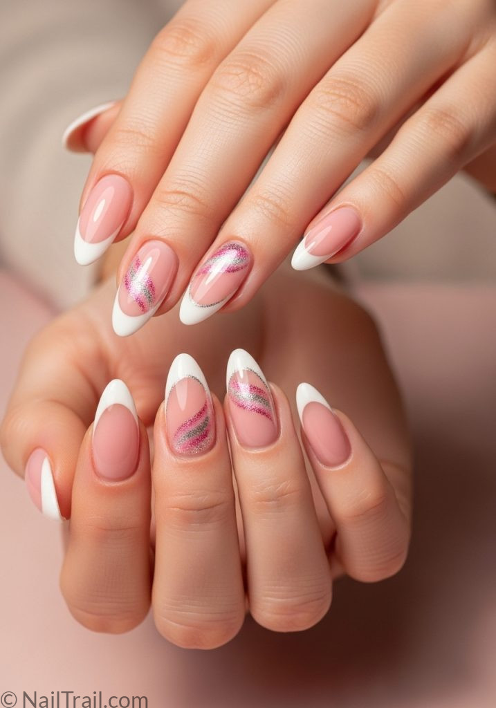 Fair skin hands with pink French tip almond nails cat eye shimmer pink cat eye nails french tip