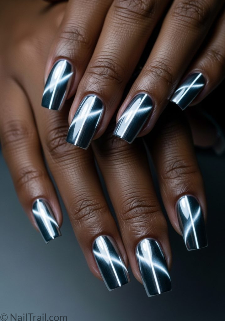 Dark skin hands with metallic silver square nails bright cat eye shimmer silver cat eye nails design