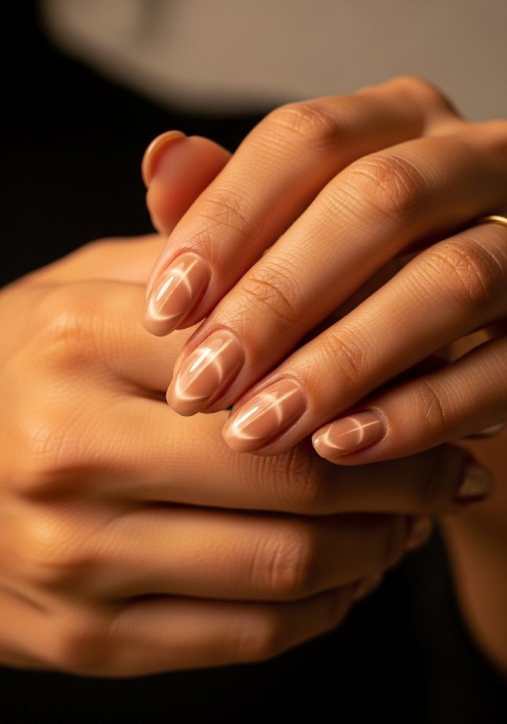 Medium tan hands with nude short oval nails subtle cat eye shimmer simple cat eye nails