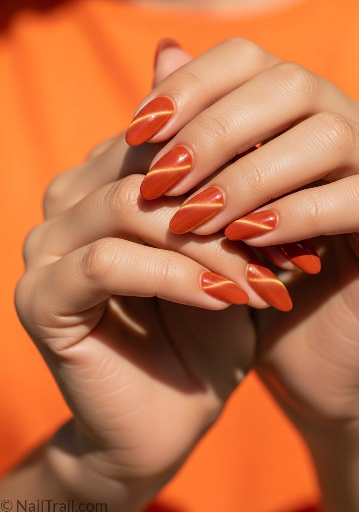 Light tan hands with burnt orange almond nails gold cat eye shimmer summer cat eye nails orange
