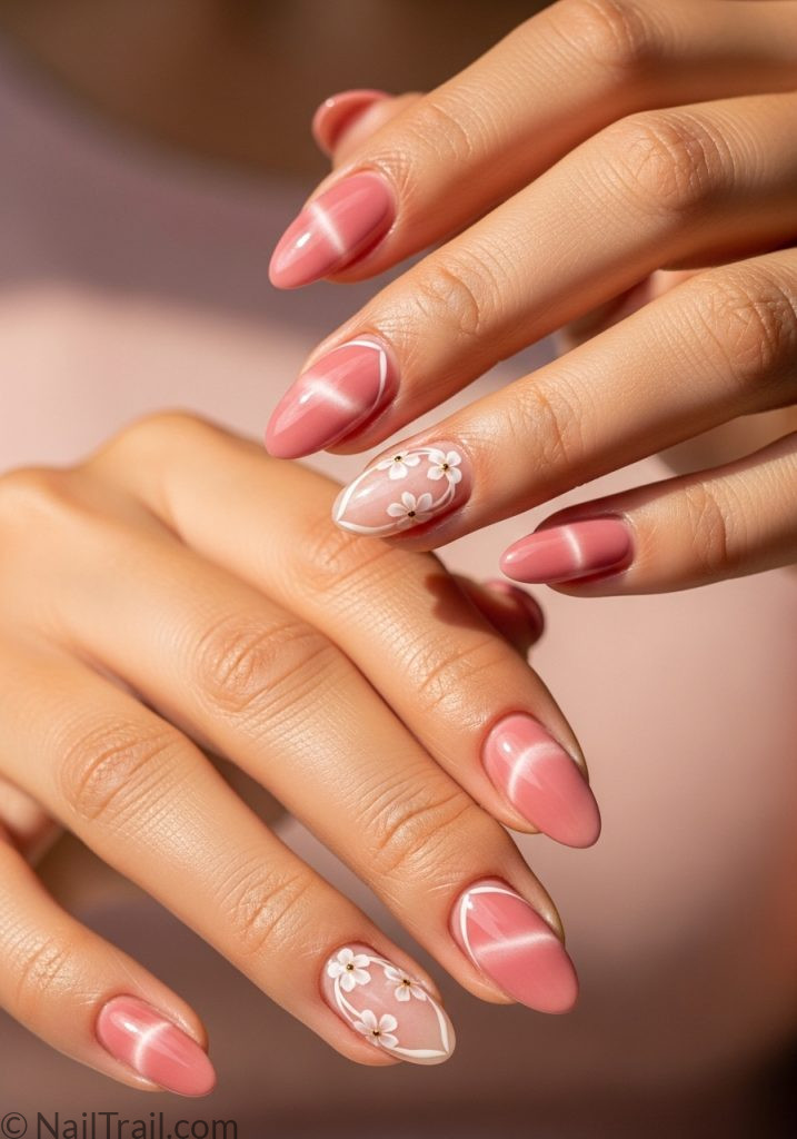 Light tan hands with dusty rose almond nails cat eye shimmer floral accent cat eye nails with design