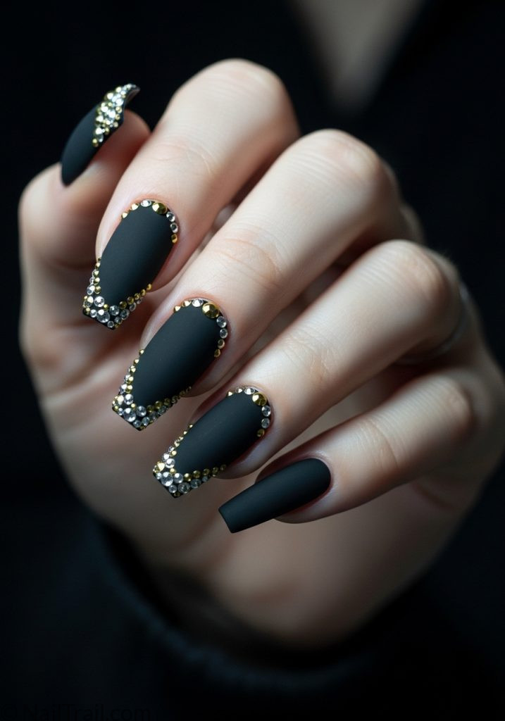 Fair hand with matte black coffin nails rhinestone gems coachella nails ideas black coffin