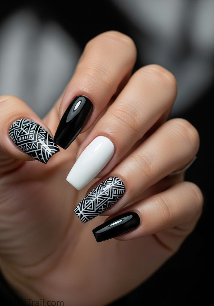 Medium tan hand with black white coffin nails geometric tribal art coachella nails ideas black white coffin