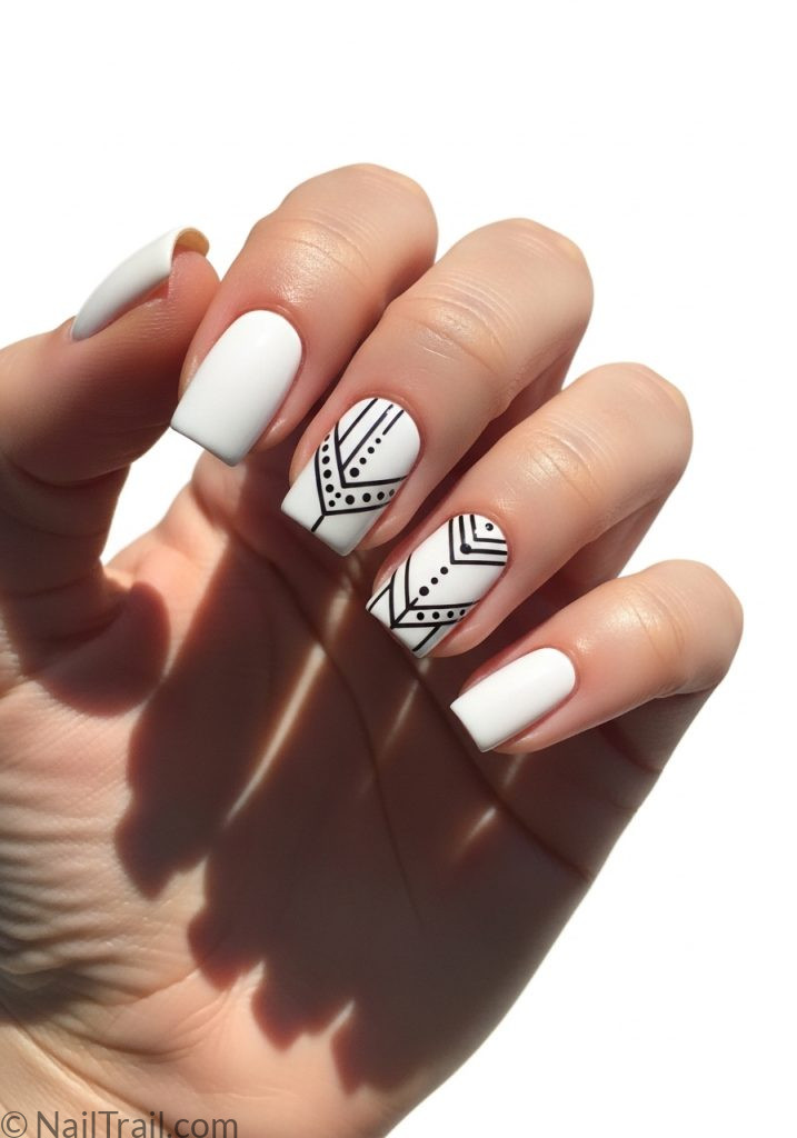 Fair hand with white short square nails black tribal line art coachella nails simple short ideas black white