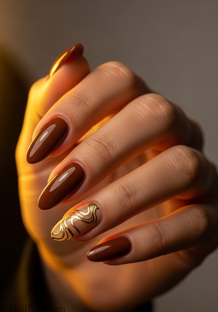 Warm medium brown hand with chocolate brown almond nails gold sand dune art coachella nails brown almond ideas