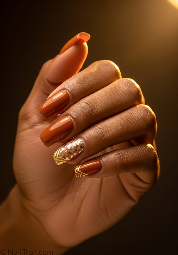 Dark brown hand with caramel square nails gold foil geometric tips coachella nails brown square ideas