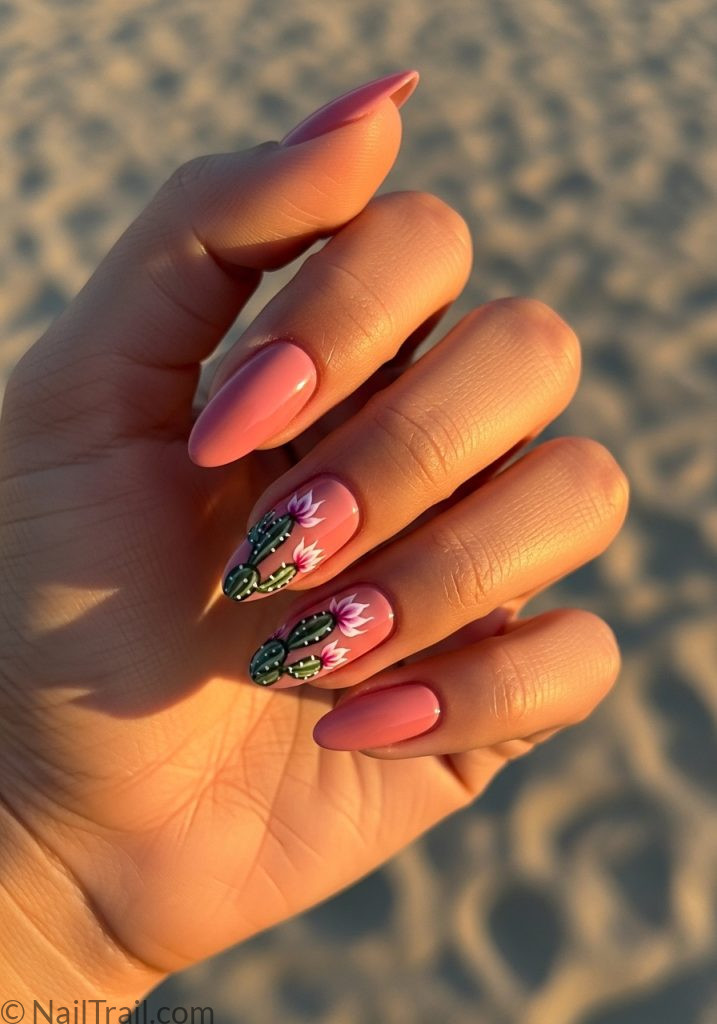 Warm medium hand with dusty rose almond nails cactus flower art coachella nails almond ideas pink