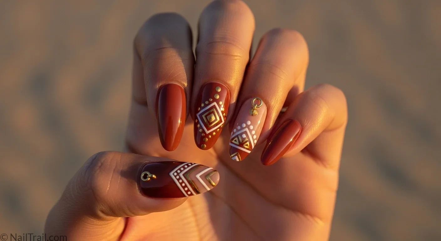 Medium tan hand with terracotta almond nails gold geometric tribal art coachella nails feature