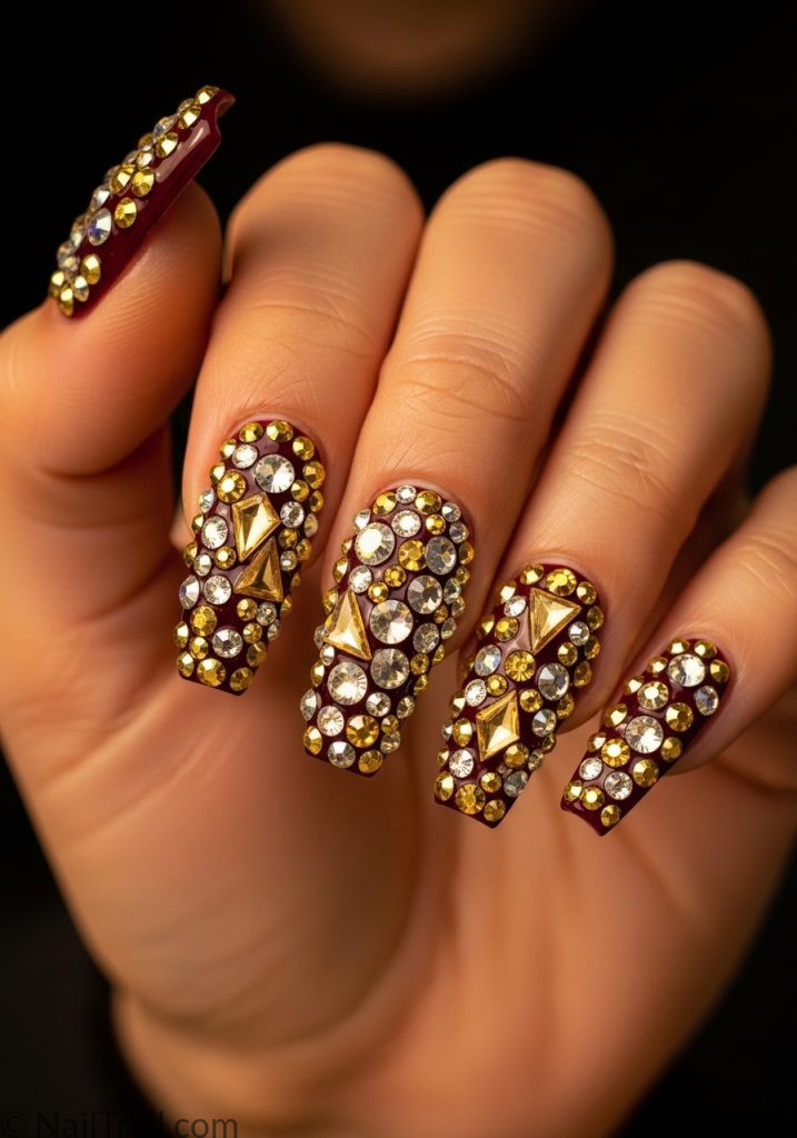 Medium tan hand with burgundy coffin nails dense rhinestone gems coachella nails coffin ideas 2026