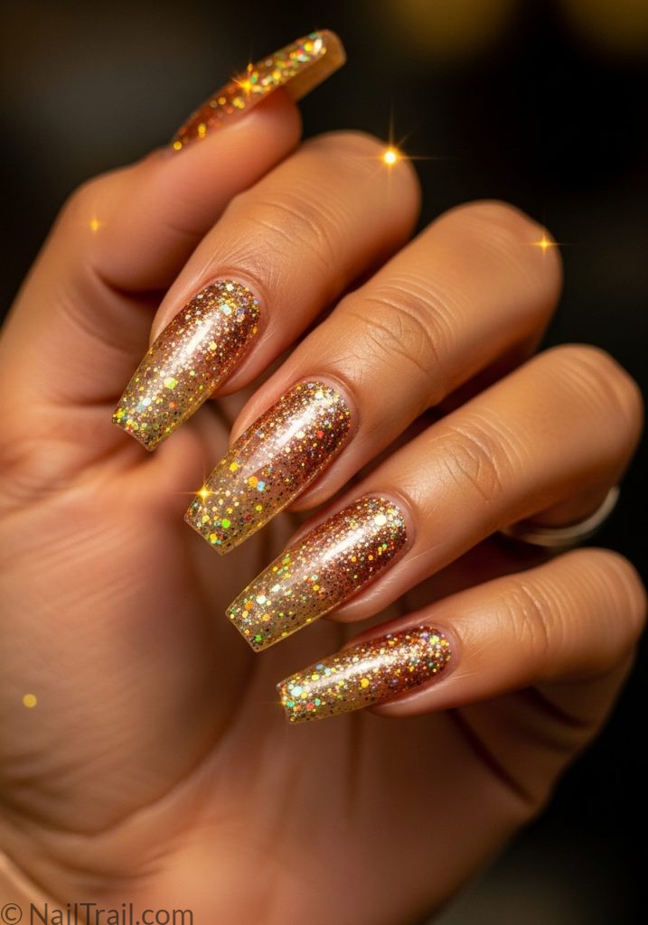 Medium brown hand with gold copper glitter ombre coffin nails coachella nails coffin ideas