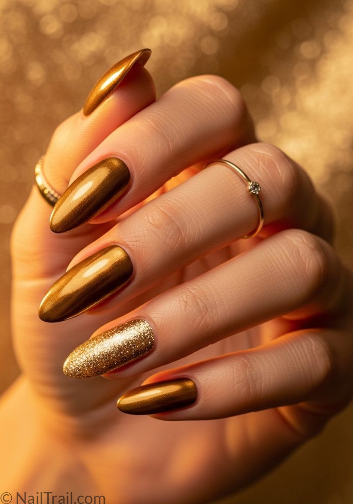 Light tan hand with deep gold almond nails glitter texture coachella nails almond ideas gold