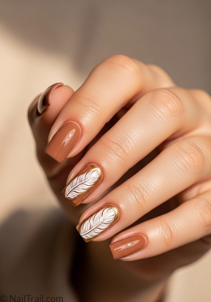 Medium fair hand with nude brown short square nails feather accent coachella nails simple short brown ideas