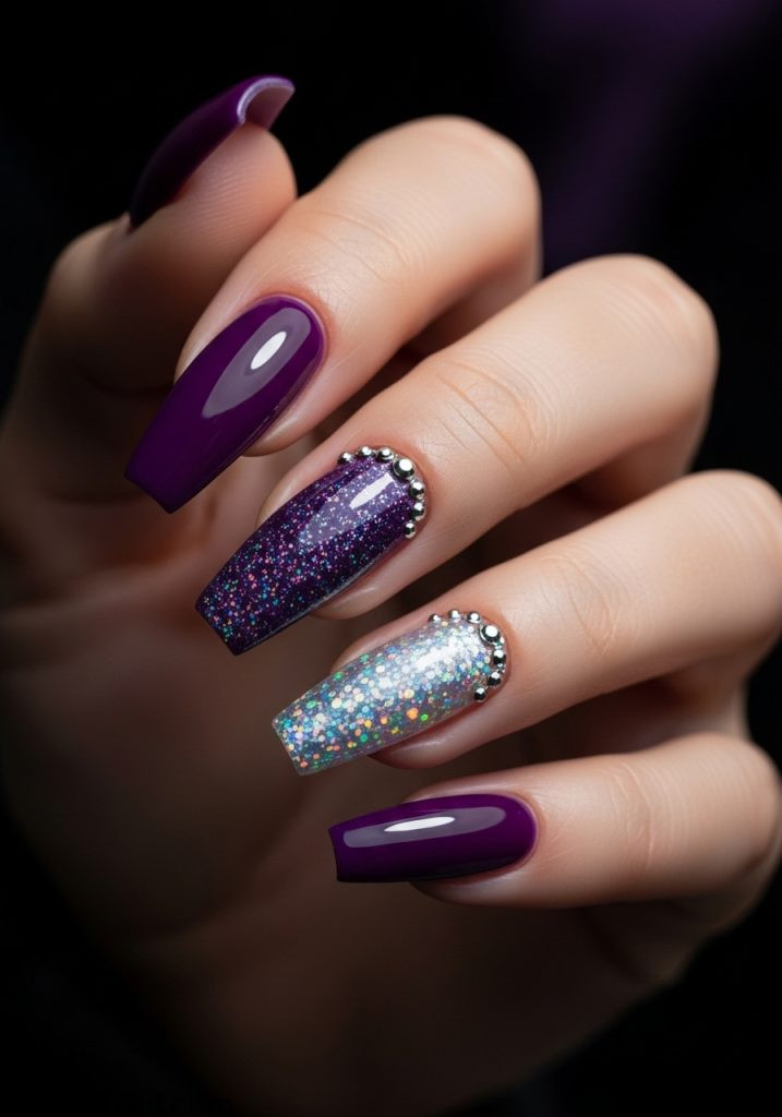 Light tan hand with purple coffin nails holographic glitter gems coachella nails purple coffin ideas