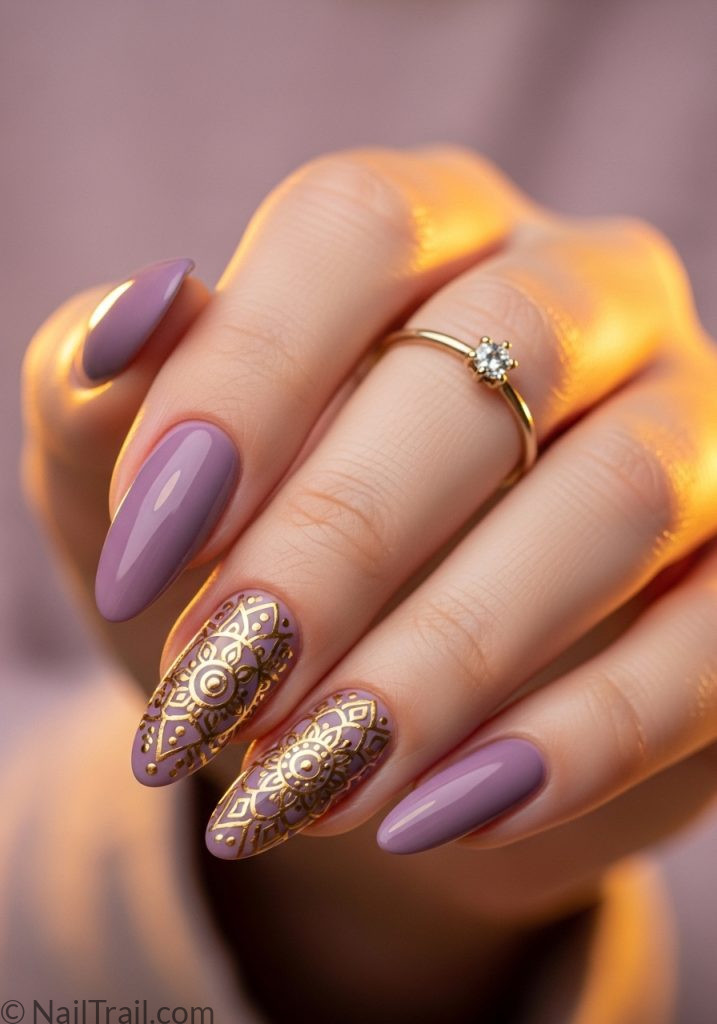 Light hand with purple almond nails gold mandala art coachella nails purple almond ideas boho