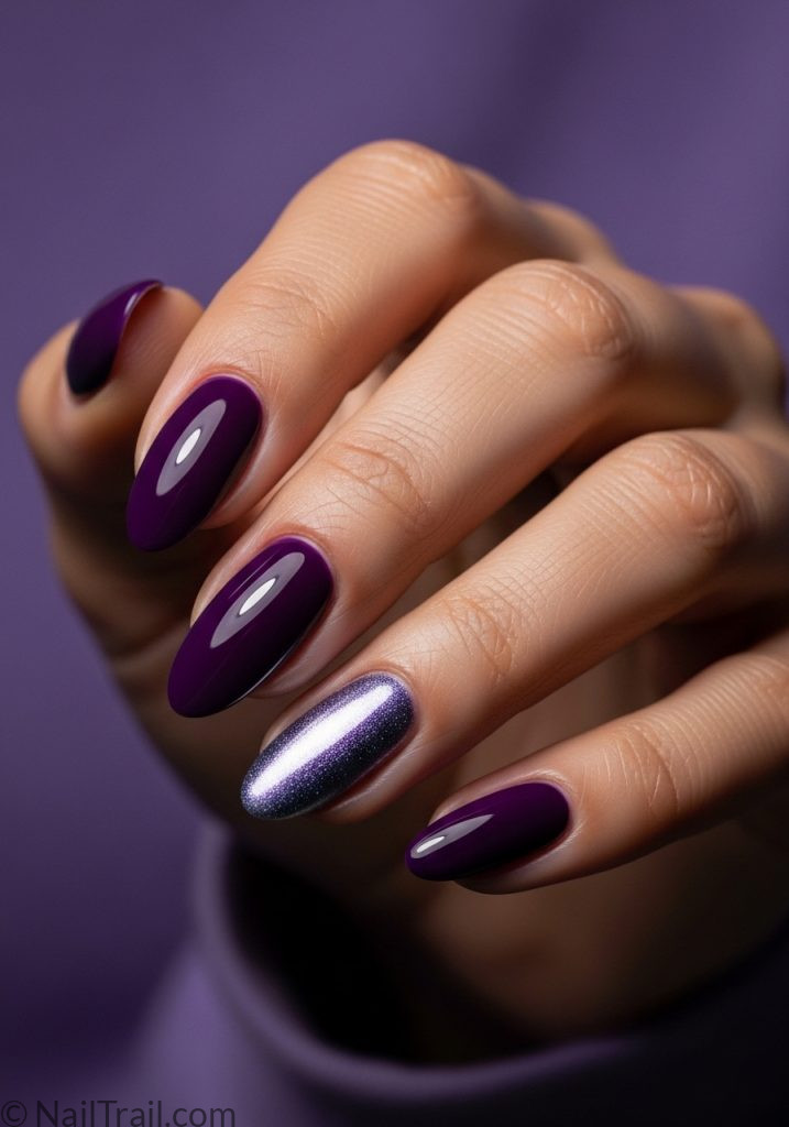 Medium brown hand with purple silver chrome short almond nails coachella nails ideas short almond purple