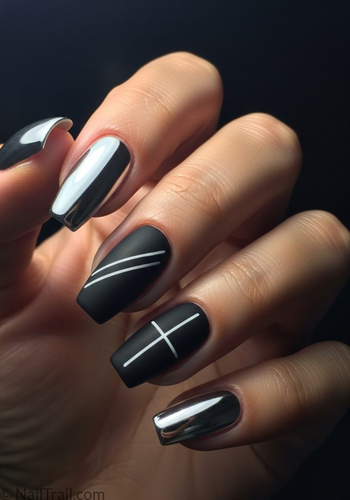 Medium tan hand with silver black short coffin nails geometric art coachella nails ideas silver short