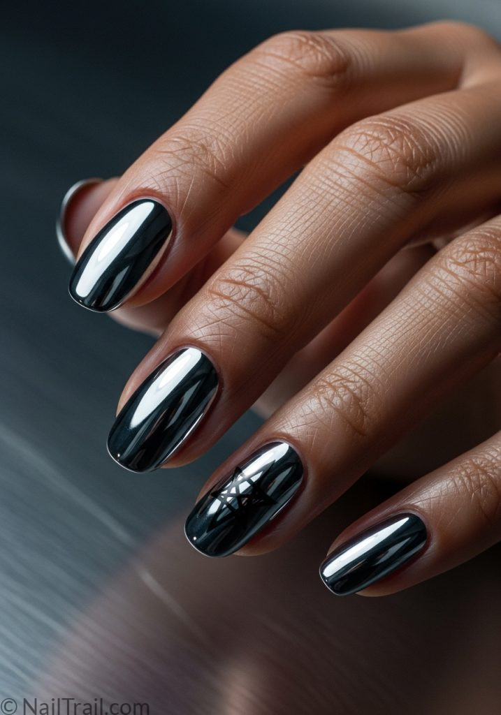 Dark hand with silver chrome short oval nails geometric star coachella nails ideas silver short