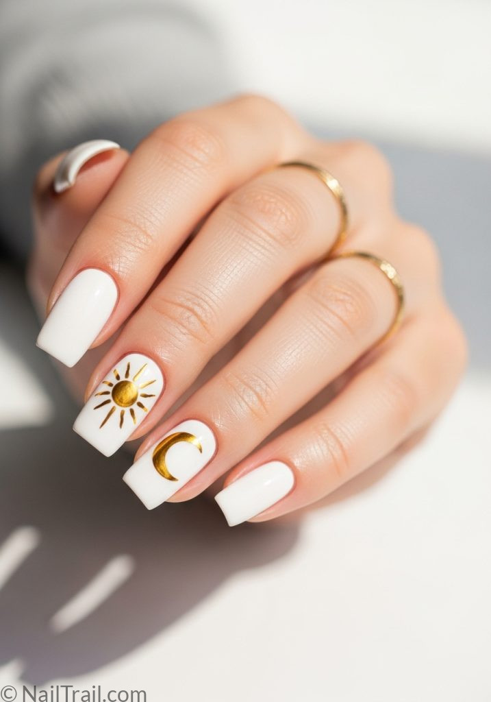 Fair hand with white square nails gold sun moon art coachella nails simple square ideas