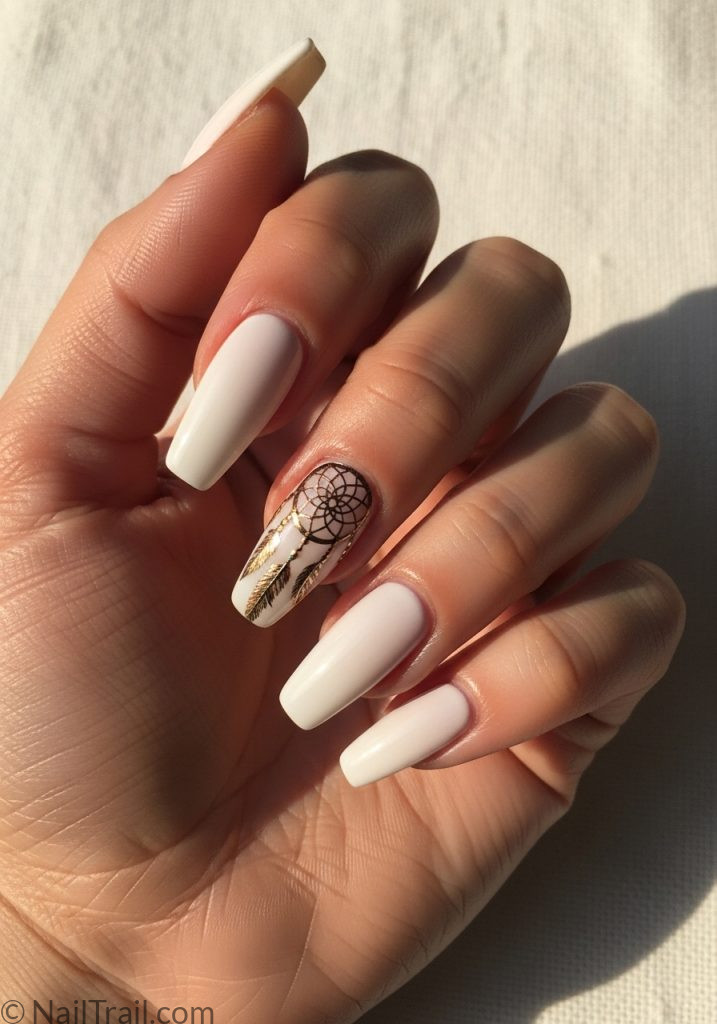 Medium fair hand with white coffin nails dreamcatcher art coachella nails ideas white coffin boho