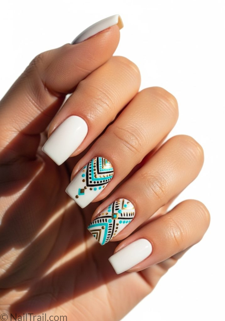 Light tan hand with white square nails turquoise gold boho art coachella nails ideas square white
