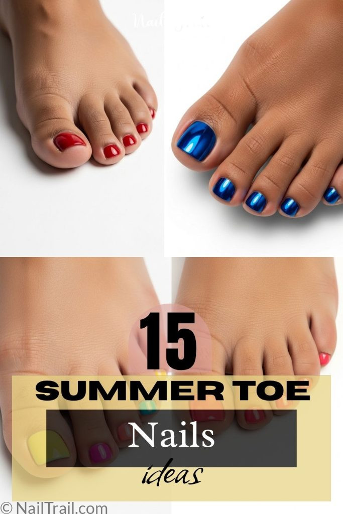 Collage of four summer toe nail designs including coral pink, vivid red, ocean blue, and multicolor toe nails on different skin tones