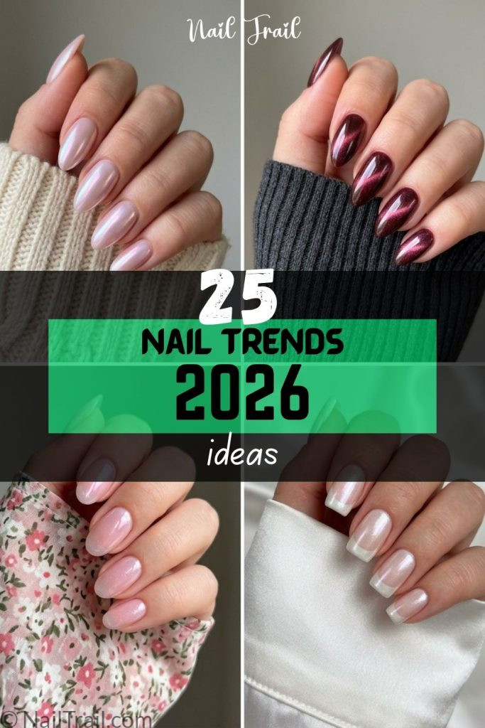 nail trends 2026 — glazed almond gel nails with chrome finish on feminine hand