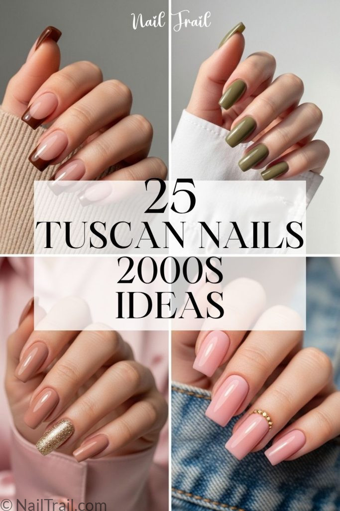 tuscan nails 2000s — brown French tip almond olive green square set collage