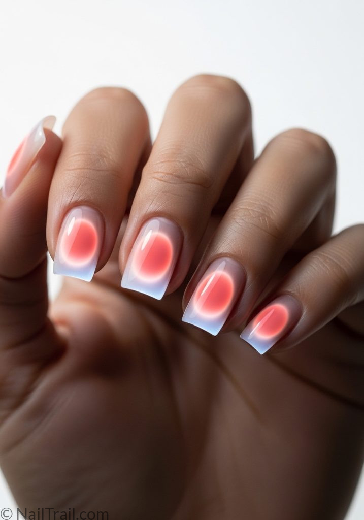 Medium tan hand with coral peach aura short square nails cute short summer nails aura square
