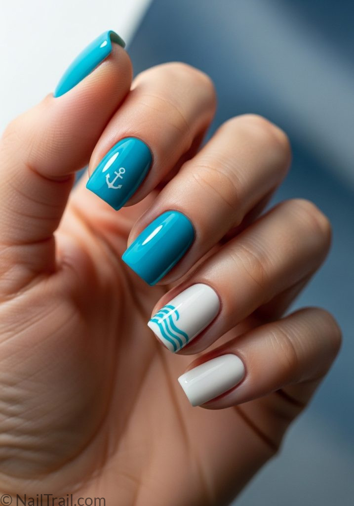 Medium fair hand with blue white short square nails wave detail short summer nails beach blue white square