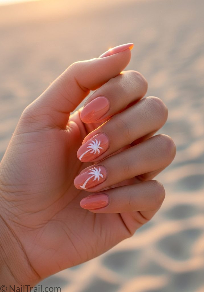 Light tan hand with sandy pink short almond nails palm tree accent short summer nails beach pink almond