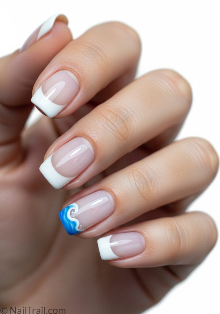 Light tan hand with milky white French tip short oval nails wave detail short summer nails beach white french tip