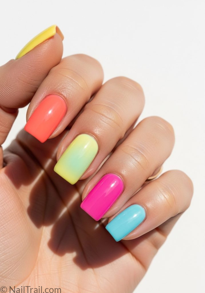 Medium fair hand with bright multicolor short square nails short summer nails bright designs