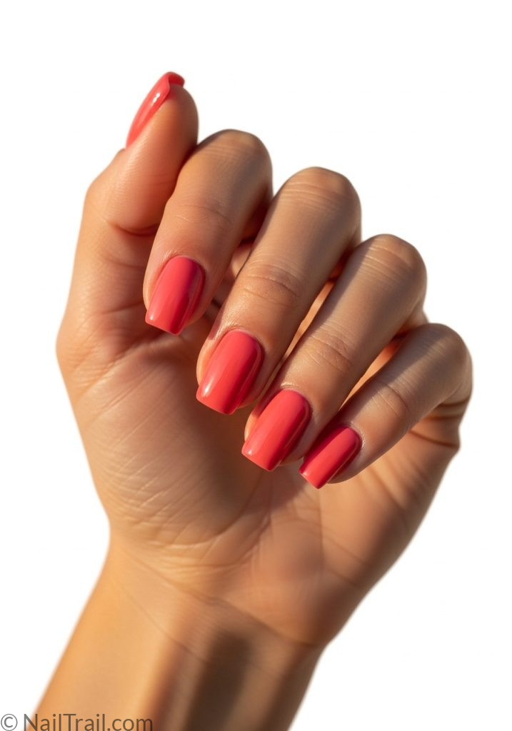 Light tan hand with coral pink short square nails simple short summer nails pink square