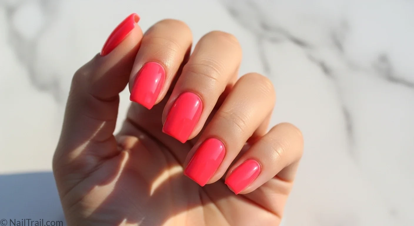 Light tan hand with coral pink short square nails short summer nails feature