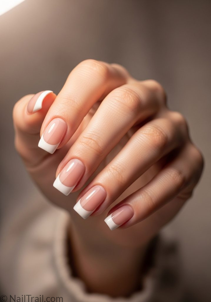 Medium fair hand with French tip short square nails cute short summer nails french tip square
