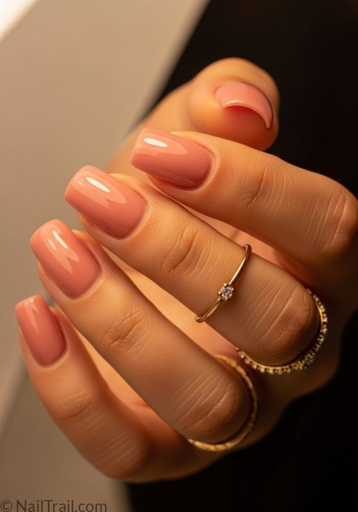 Warm medium hand with nude pink gel short square nails cute short summer nails gel square