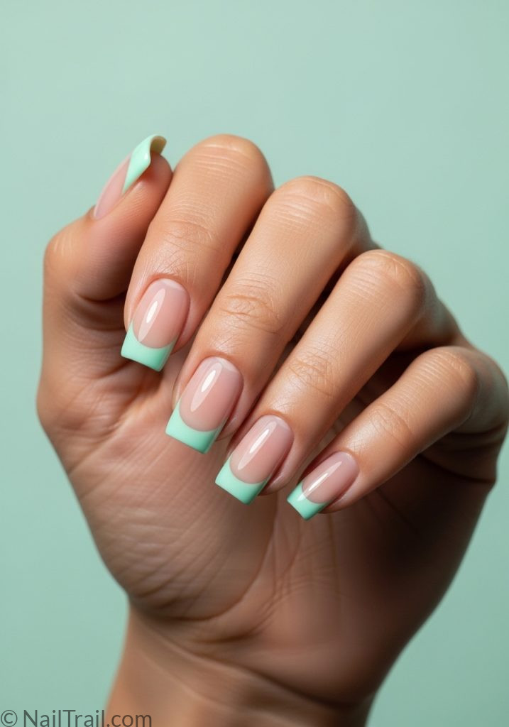 Light brown hand with mint green French tip short square nails simple short summer nails green french tip
