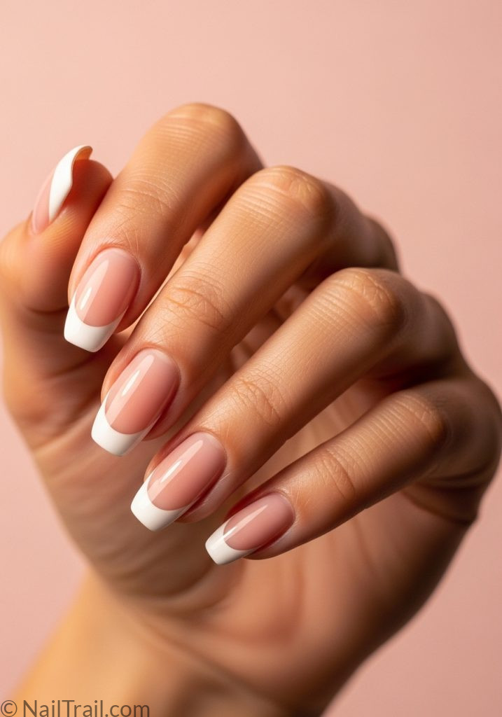 Medium tan hand with pink French tip short almond nails cute short summer nails french tip pink almond