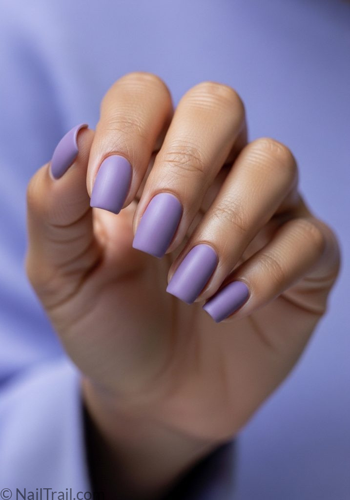 Medium brown hand with dusty purple short square nails simple short summer nails purple square